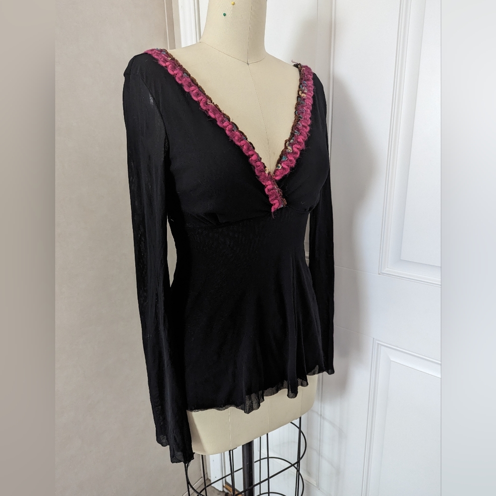Sweet Pea Mesh Long Sleeve Blouse with Neckline Trim - Picture 2 of 6
